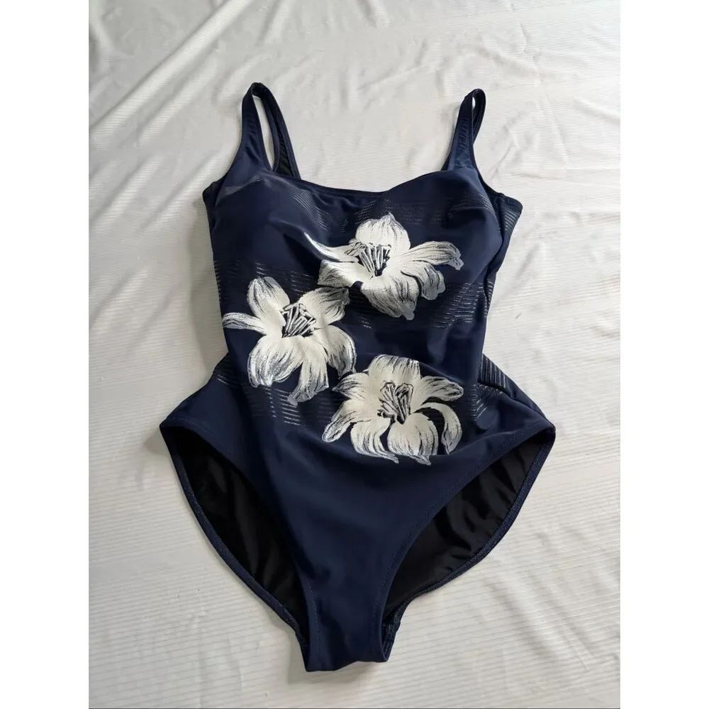 Gottex One Piece Swimsuit Navy Blue White Floral Tummy Control Women’s Size 16